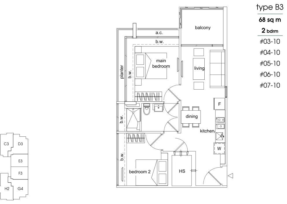 Parc Sophia floor plan, type B3: 2-Bedroom, 732 sq ft