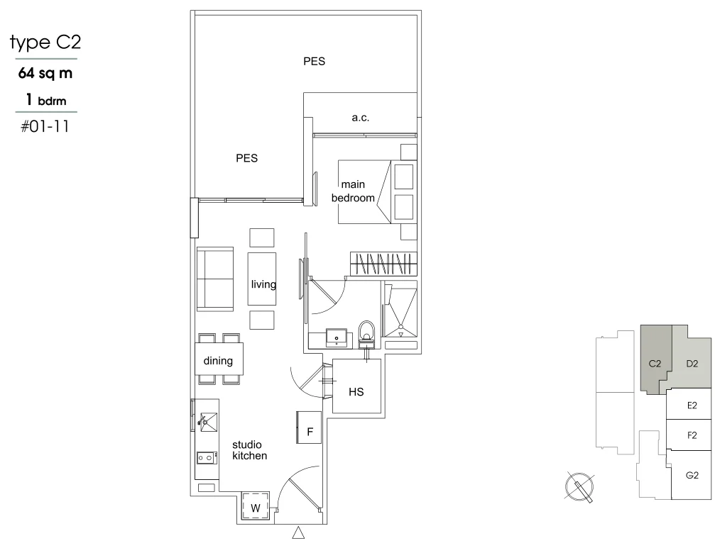 Parc Sophia floor plan, type C2: 1-Bedroom, 689 sq ft