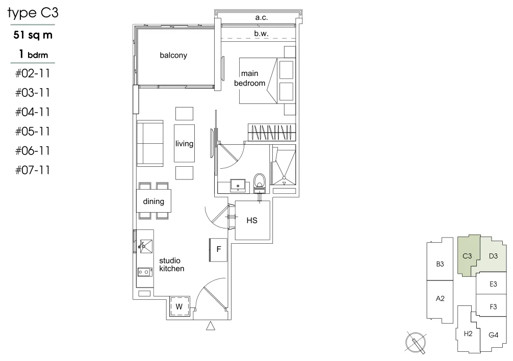 Parc Sophia floor plan, type C3: 1-Bedroom, 549 sq ft