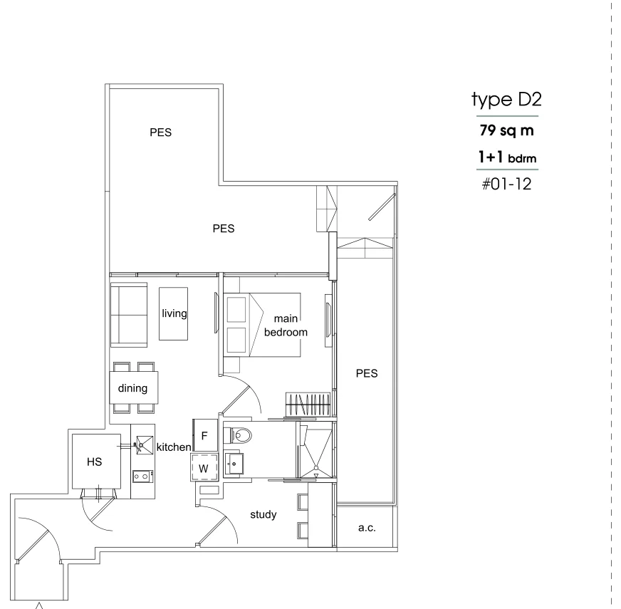 Parc Sophia floor plan, type D2: 1-Bedroom + Study, 850 sq ft