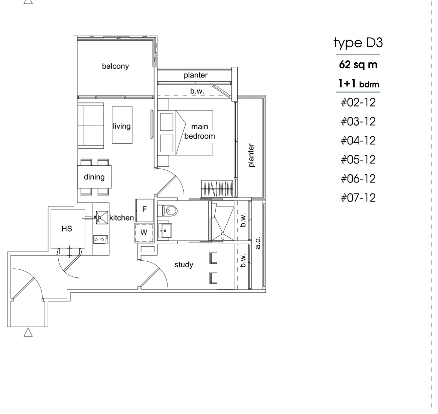 Parc Sophia floor plan, type D3: 1-Bedroom + Study, 667 sq ft
