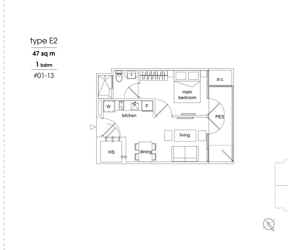Parc Sophia floor plan, type E2: 1-Bedroom, 506 sq ft