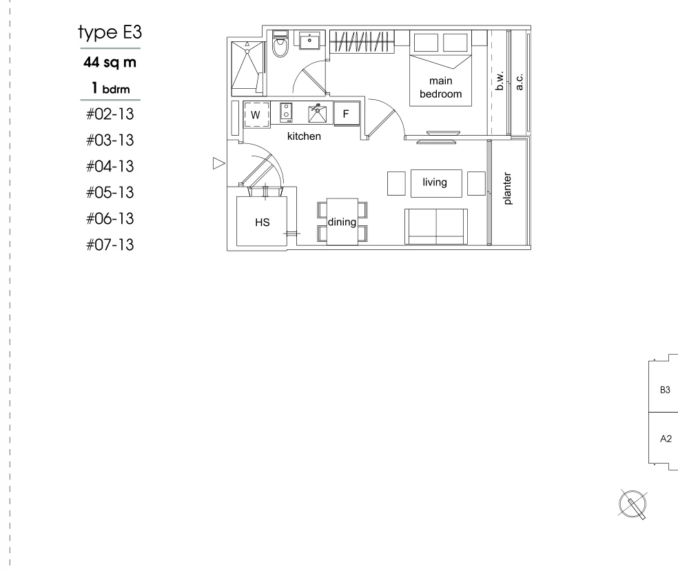 Parc Sophia floor plan, type E3: 1-Bedroom, 474 sq ft