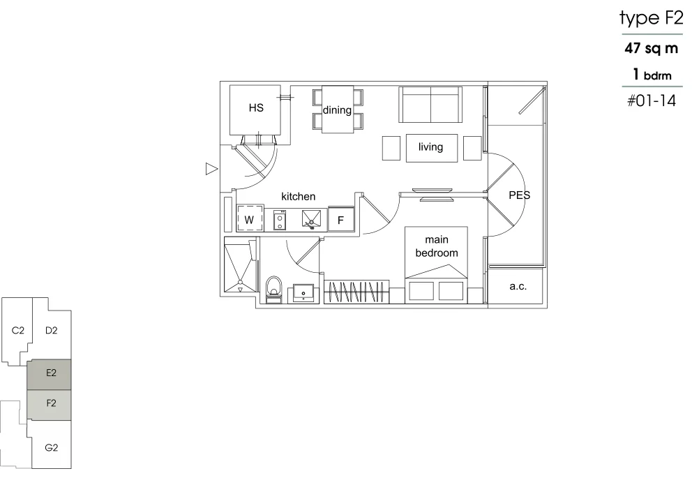 Parc Sophia floor plan, type F2: 1-Bedroom, 506 sq ft