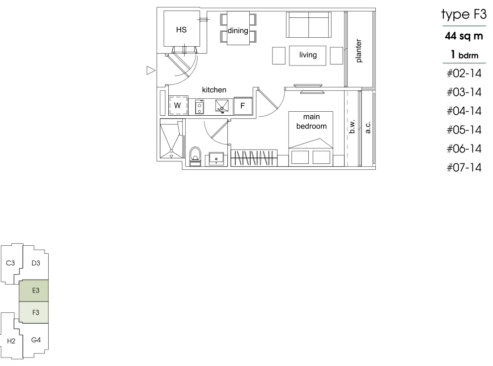 Parc Sophia floor plan, type F3: 1-Bedroom, 474 sq ft