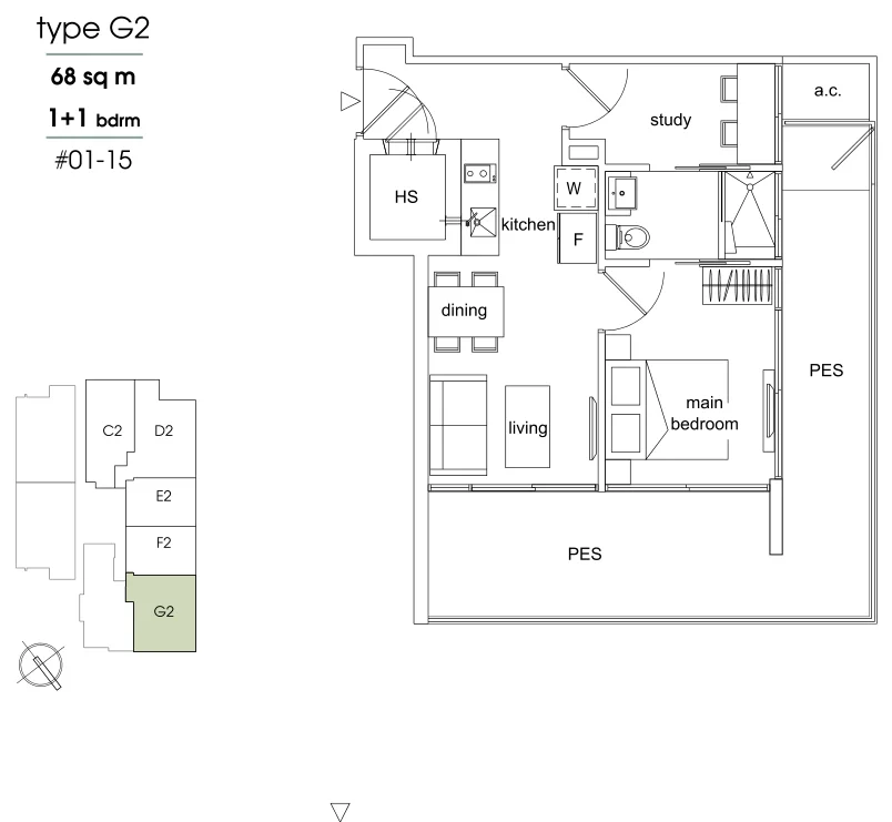 Parc Sophia floor plan, type G2: 1-Bedroom + Study, 732 sq ft