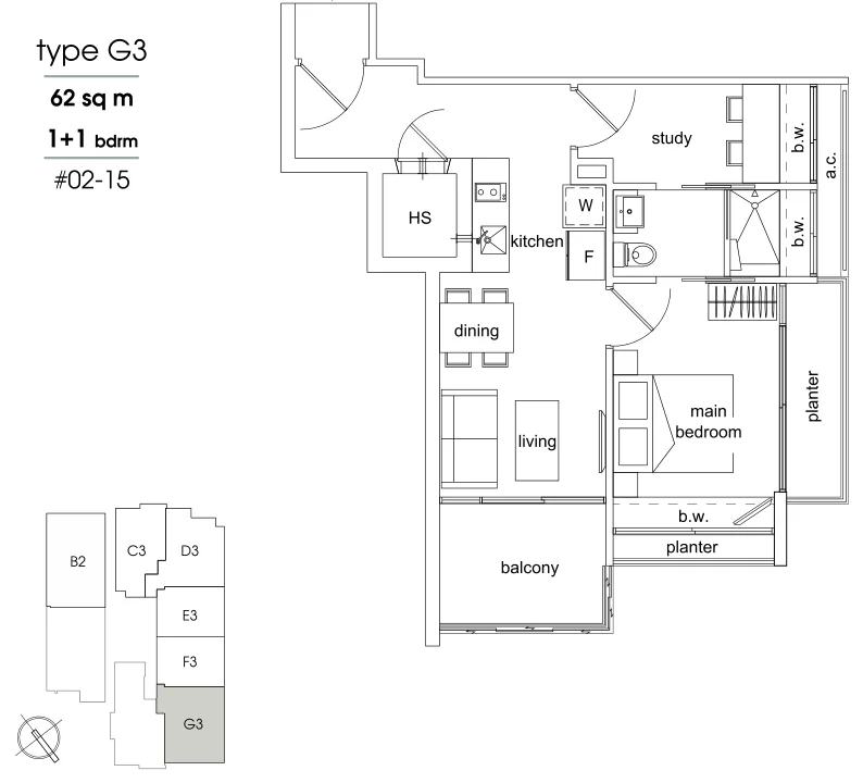 Parc Sophia floor plan, type G3: 1-Bedroom + Study, 667 sq ft