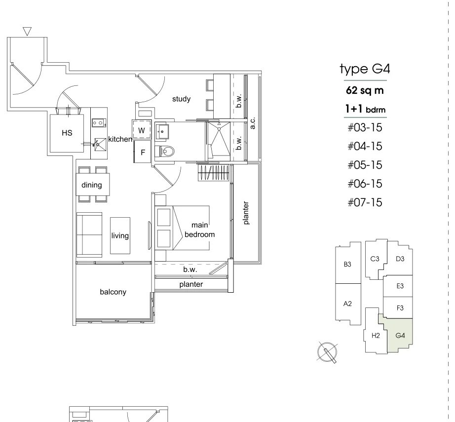 Parc Sophia floor plan, type G4: 1-Bedroom + Study, 667 sq ft