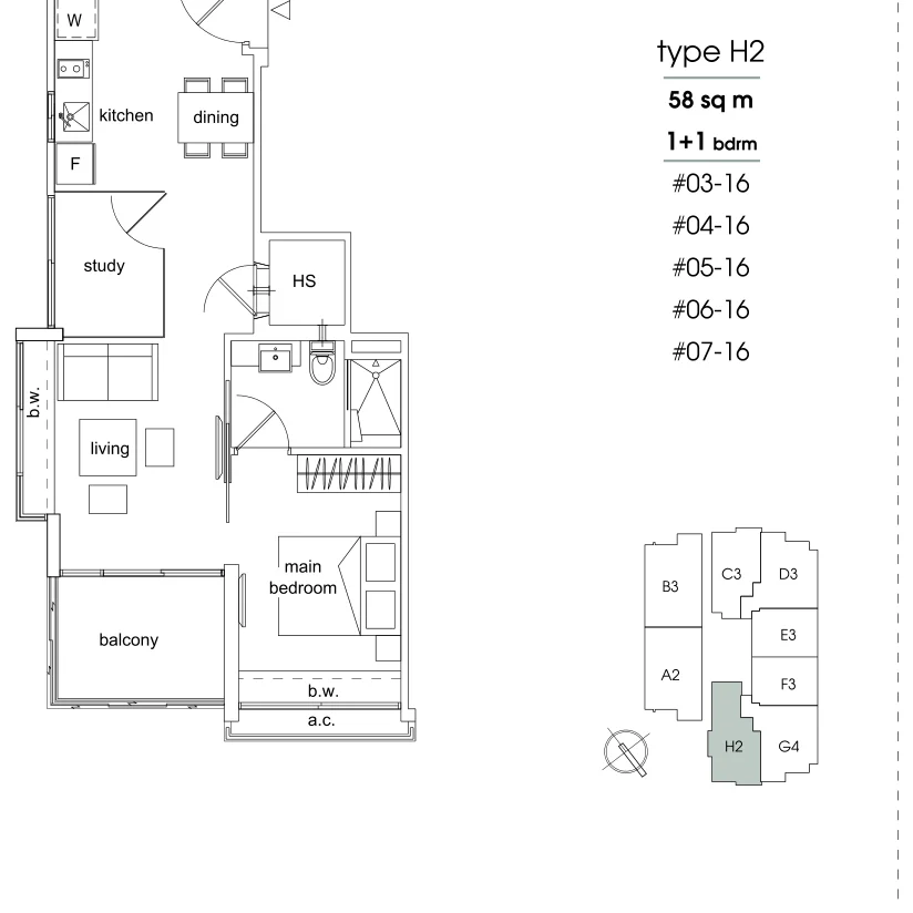 Parc Sophia floor plan, type H2: 1-Bedroom + Study, 624 sq ft
