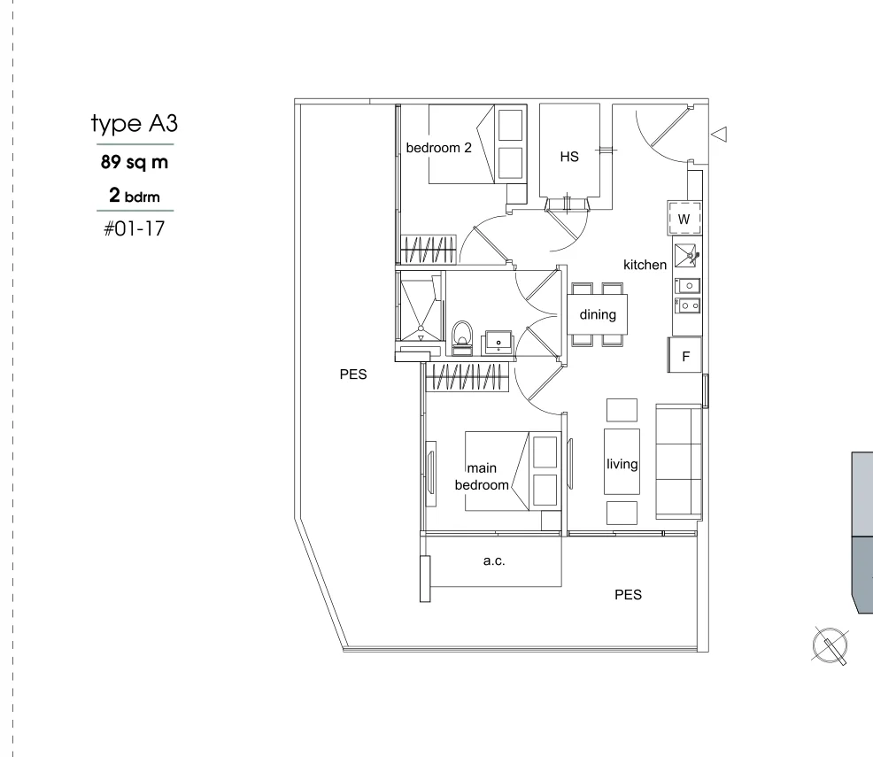 Parc Sophia floor plan, type A3: 2-Bedroom, 958 sq ft