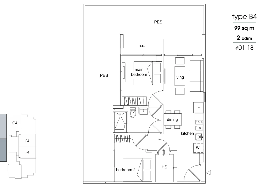Parc Sophia floor plan, type B4: 2-Bedroom, 1,066 sq ft