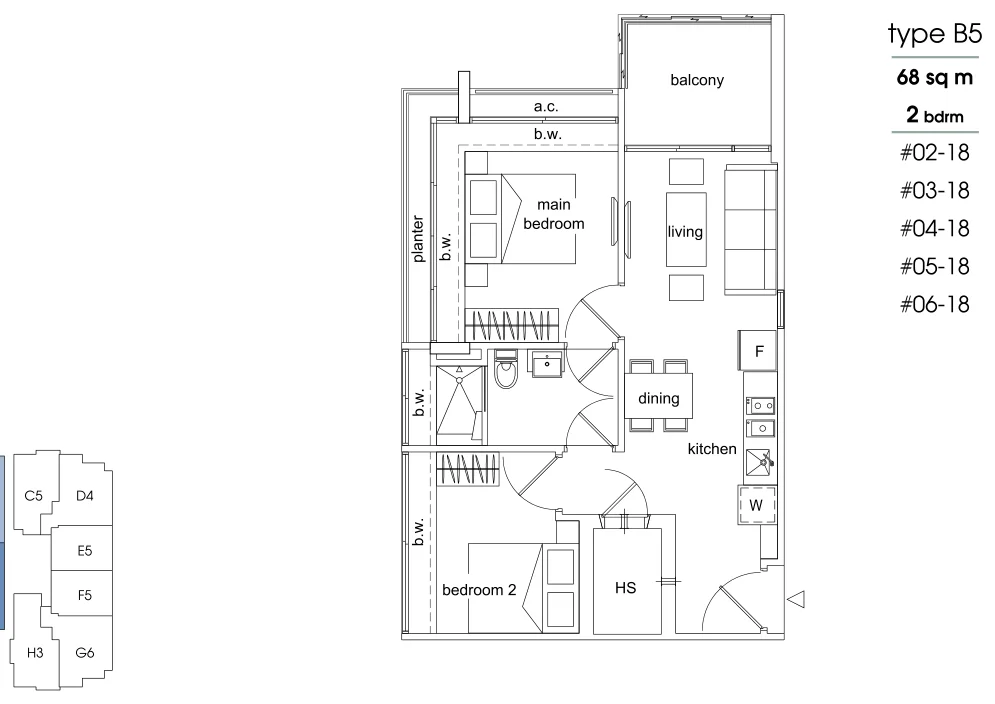 Parc Sophia floor plan, type B5: 2-Bedroom, 732 sq ft