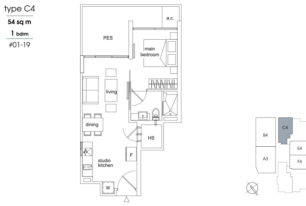 Parc Sophia floor plan, type C4: 1-Bedroom, 581 sq ft