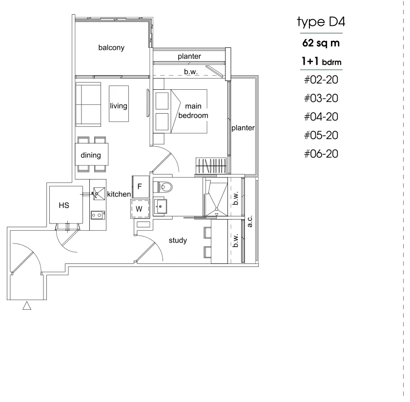 Parc Sophia floor plan, type D4: 1-Bedroom + Study, 667 sq ft