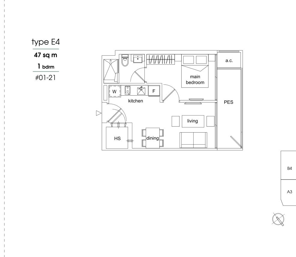 Parc Sophia floor plan, type E4: 1-Bedroom, 506 sq ft