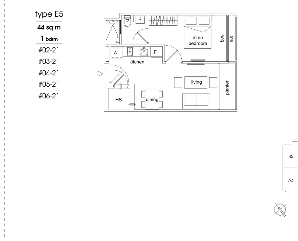 Parc Sophia floor plan, type E5: 1-Bedroom, 474 sq ft