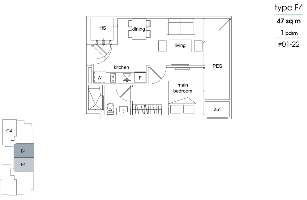 Parc Sophia floor plan, type F4: 1-Bedroom, 506 sq ft