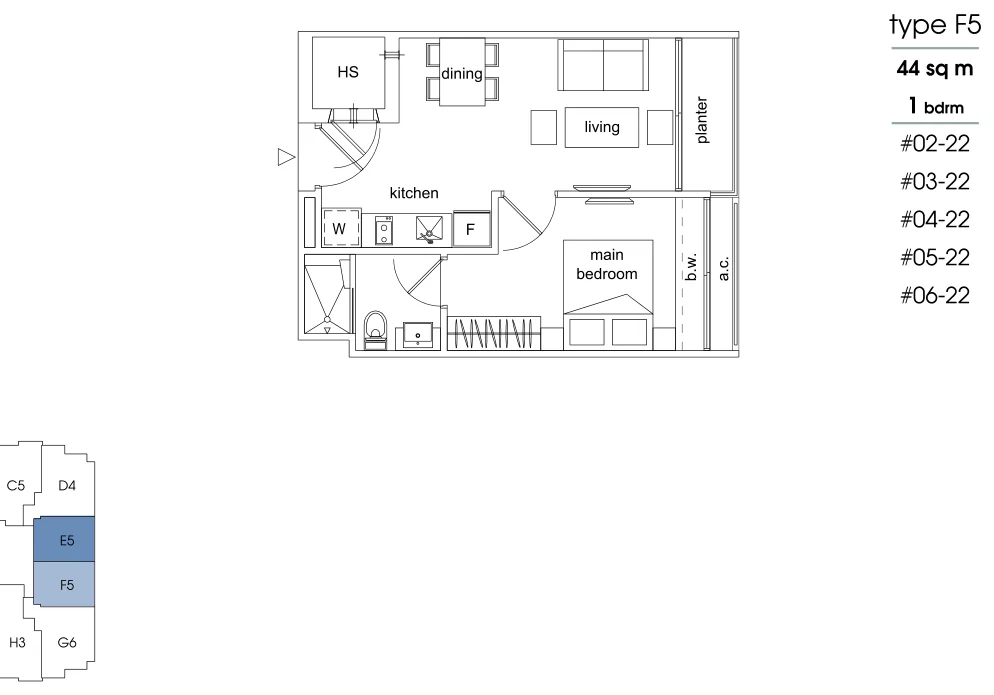 Parc Sophia floor plan, type F5: 1-Bedroom, 474 sq ft
