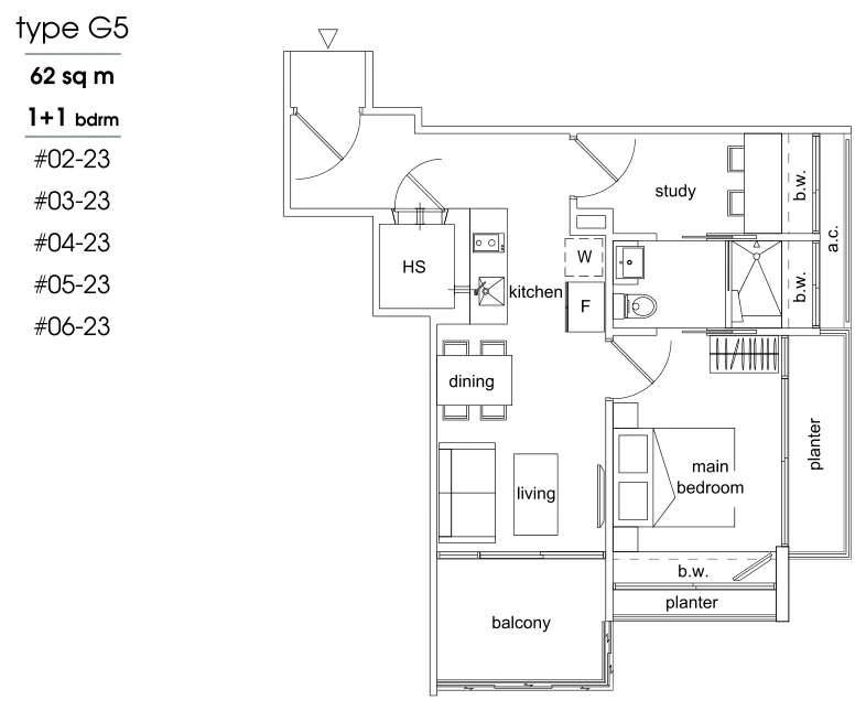 Parc Sophia floor plan, type G5: 1-Bedroom + Study, 667 sq ft