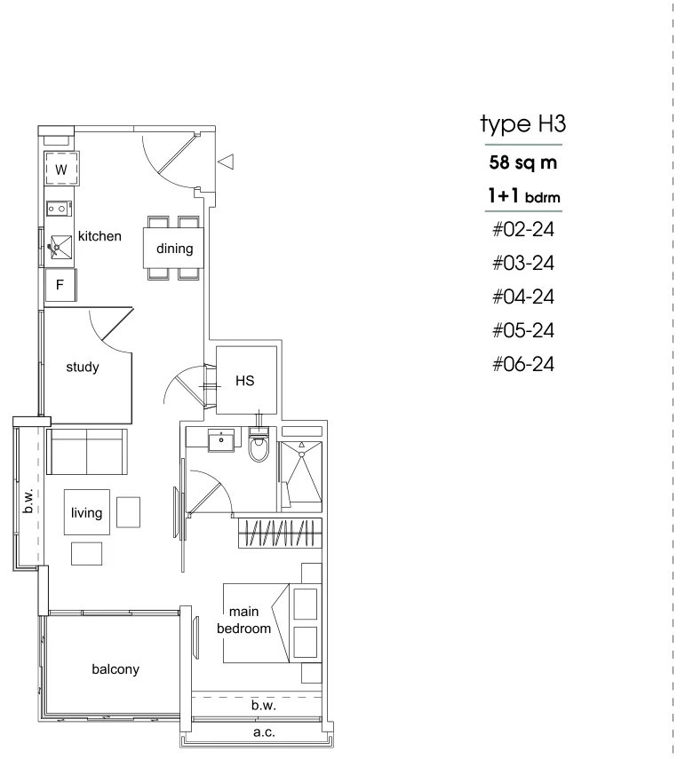 Parc Sophia floor plan, type H3: 1-Bedroom + Study, 624 sq ft