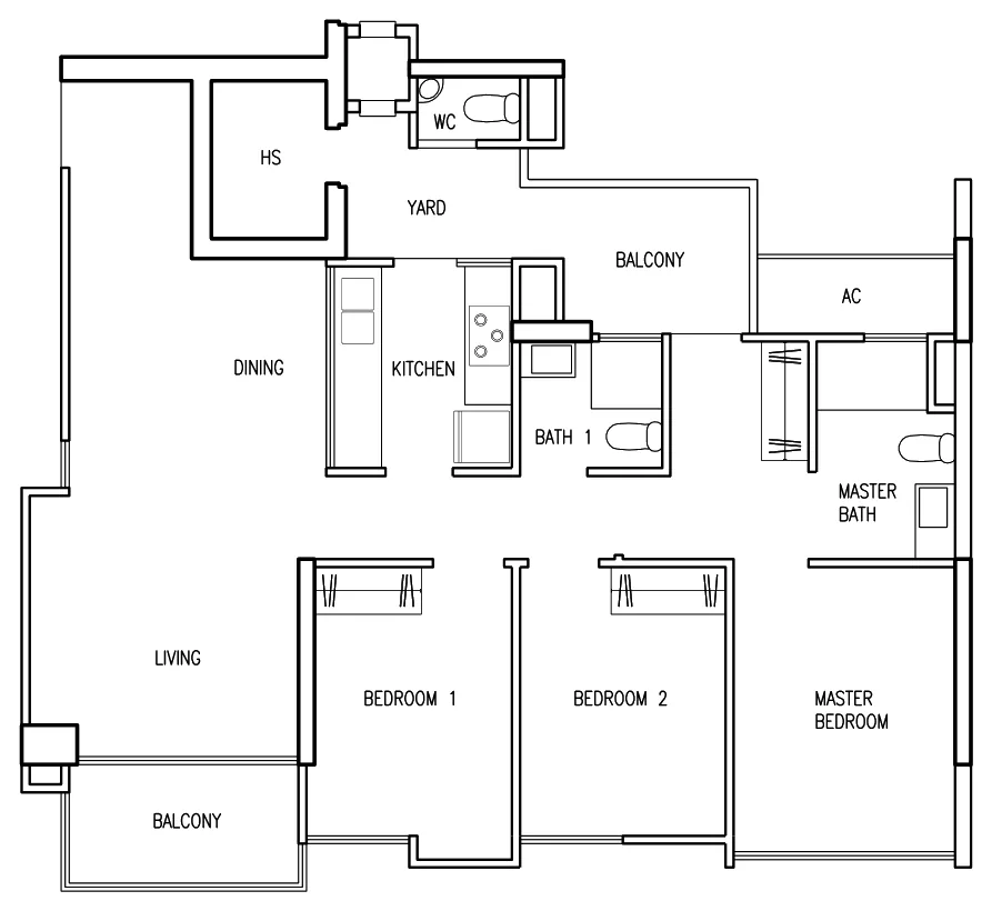 Parc Vera floor plan, type C3: 3-Bedroom, 1,130 sq ft