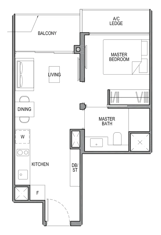 Park Colonial floor plan, type 1B1: 1-Bedroom Suite, 463 sq ft