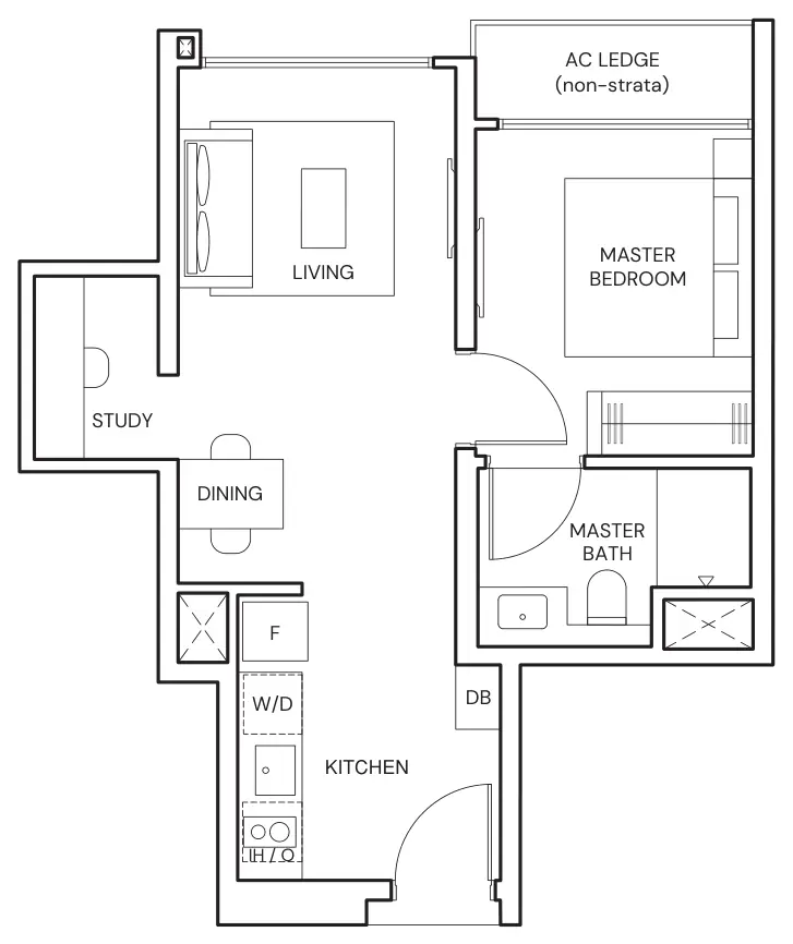 Parktown Residence floor plan, type AS4: 1-Bedroom + Study, 463 sq ft
