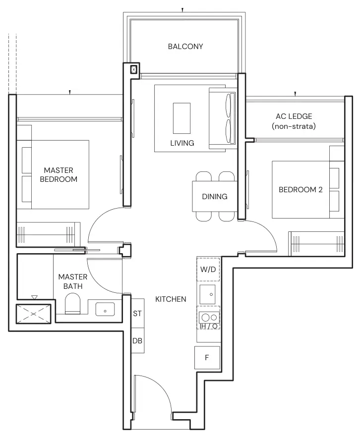 Parktown Residence floor plan, type B1: 2-Bedroom, 592 sq ft