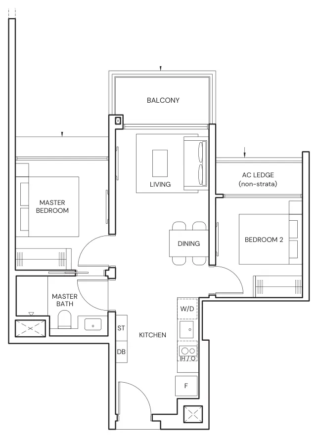 Parktown Residence floor plan, type B2: 2-Bedroom, 592 sq ft