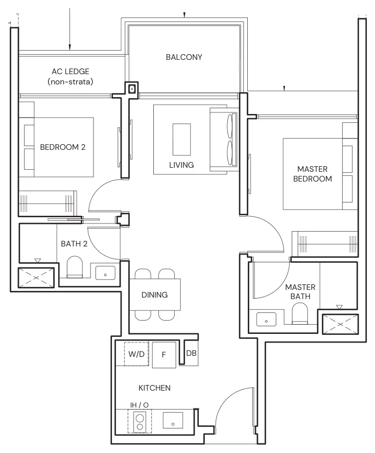 Parktown Residence floor plan, type BP1: 2-Bedroom Premium, 678 sq ft