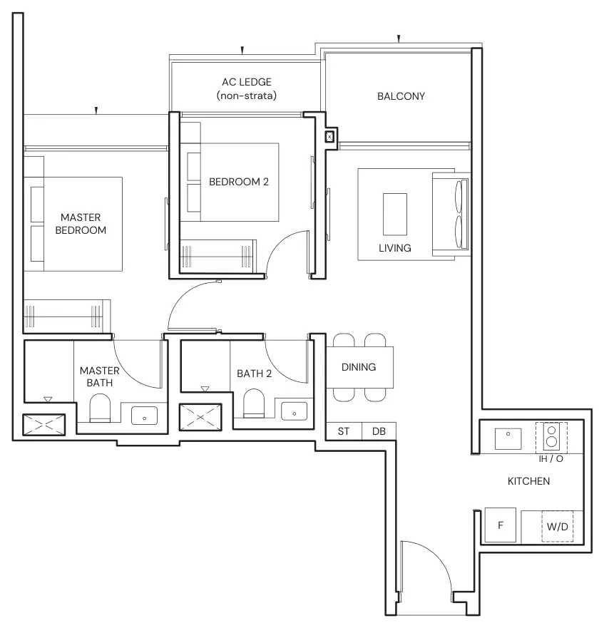 Parktown Residence floor plan, type BP5: 2-Bedroom Premium, 721 sq ft