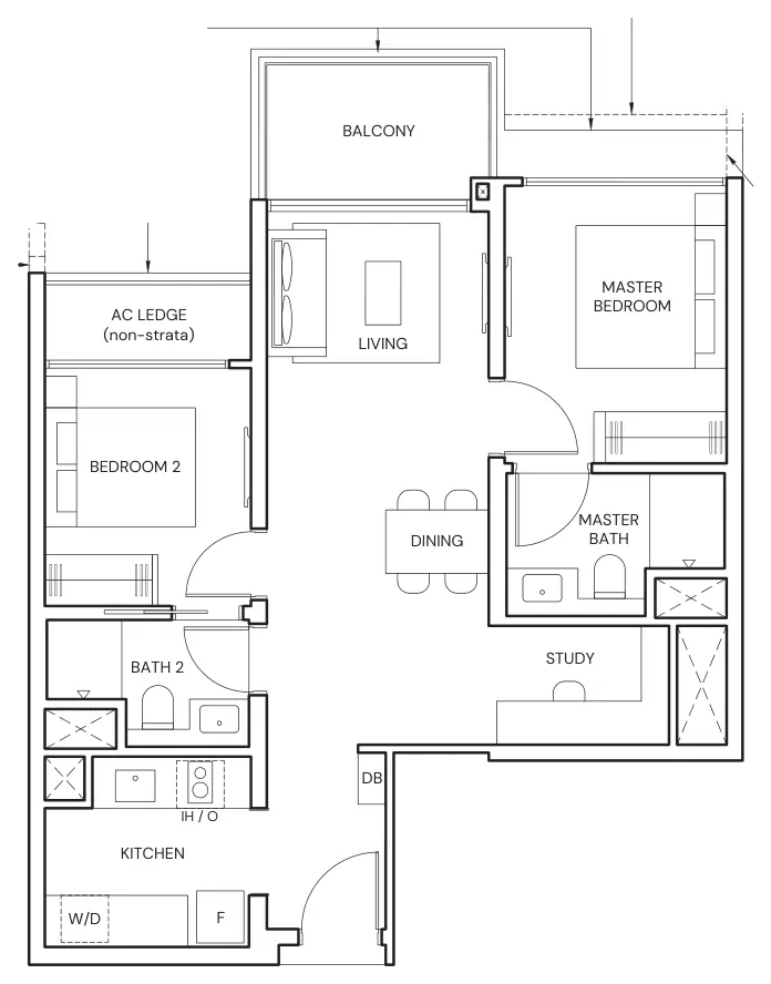 Parktown Residence floor plan, type BPS1: 2-Bedroom Premium + Study, 764 sq ft