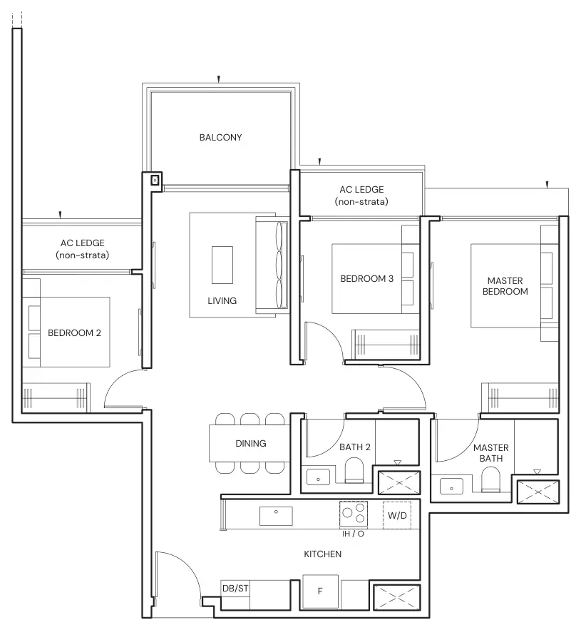 Parktown Residence floor plan, type C1: 3-Bedroom, 926 sq ft