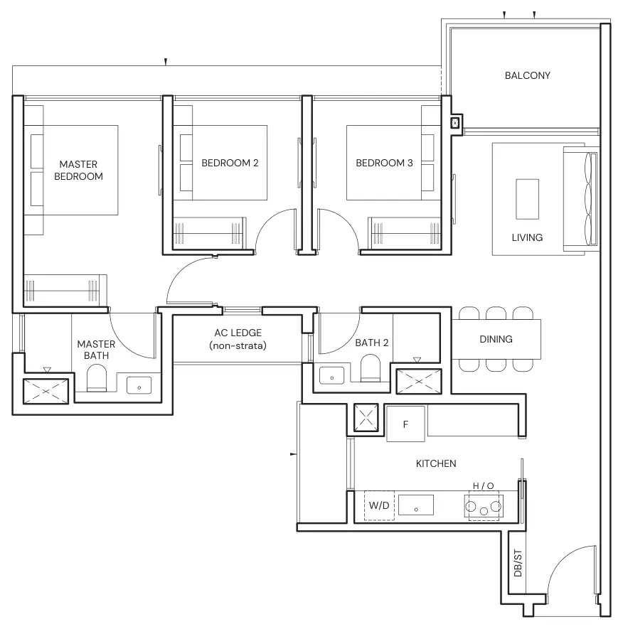Parktown Residence floor plan, type C2: 3-Bedroom, 936 sq ft