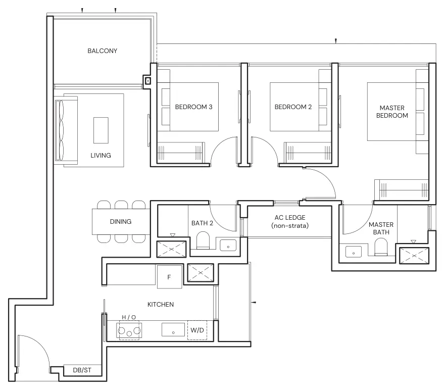 Parktown Residence floor plan, type C4: 3-Bedroom, 947 sq ft