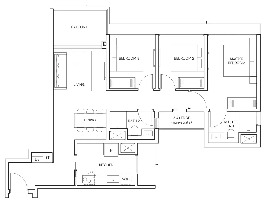 Parktown Residence floor plan, type C5: 3-Bedroom, 947 sq ft