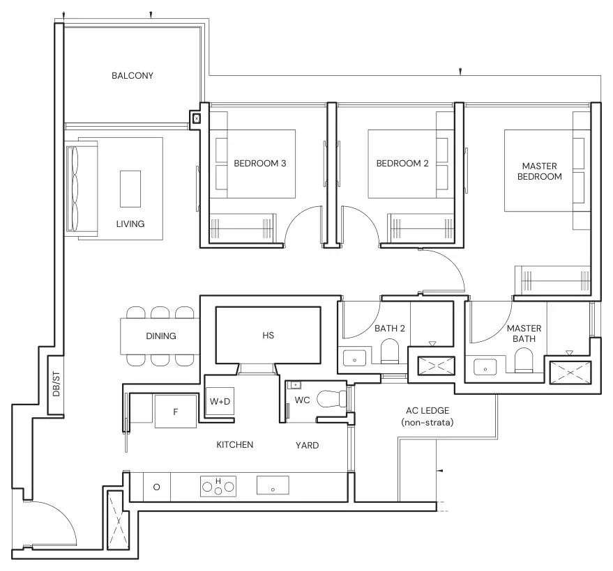 Parktown Residence floor plan, type CP3: 3-Bedroom Premium, 1,066 sq ft