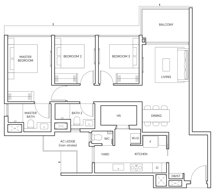 Parktown Residence floor plan, type CP4: 3-Bedroom Premium, 1,066 sq ft