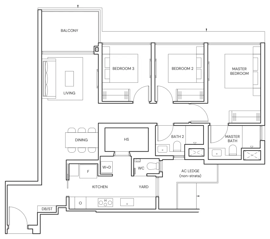 Parktown Residence floor plan, type CP6: 3-Bedroom Premium, 1,066 sq ft