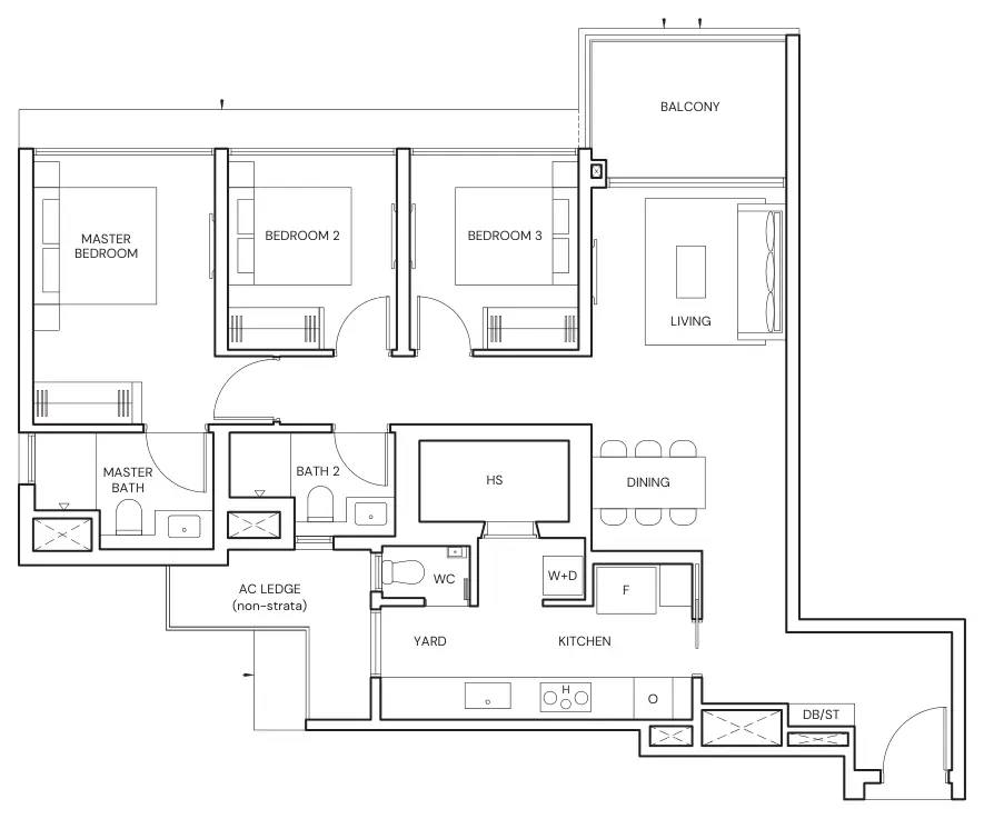 Parktown Residence floor plan, type CP7: 3-Bedroom Premium, 1,076 sq ft