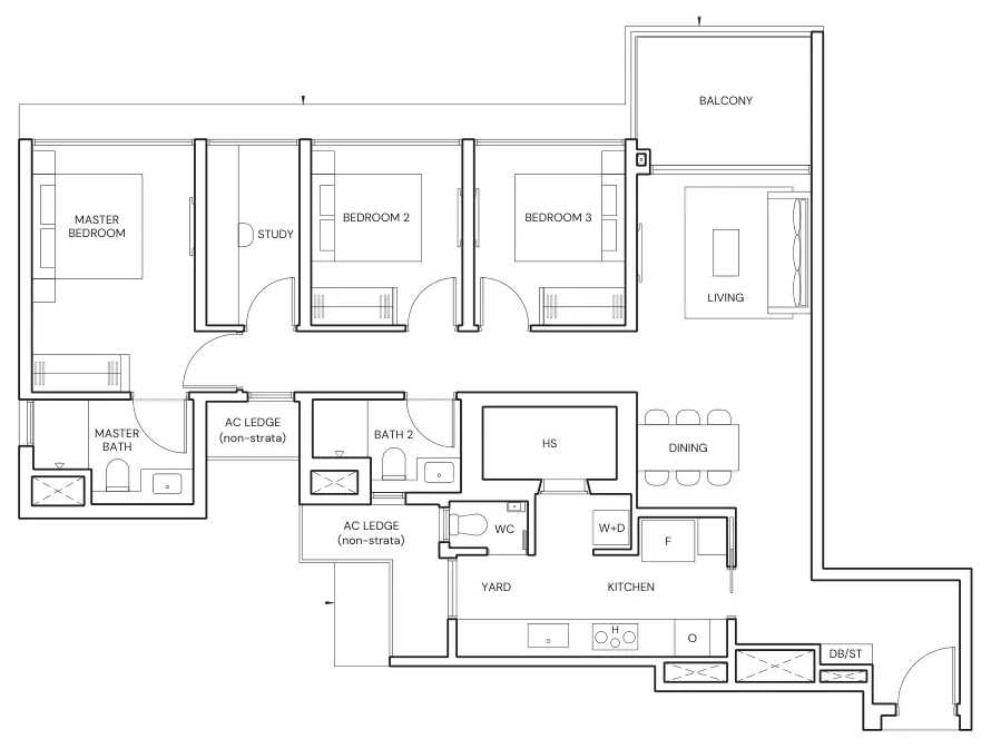 Parktown Residence floor plan, type CPS3: 3-Bedroom Premium + Study, 1,173 sq ft