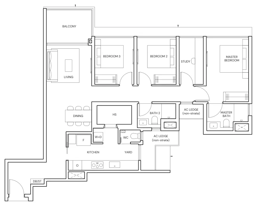 Parktown Residence floor plan, type CPS4: 3-Bedroom Premium + Study, 1,184 sq ft