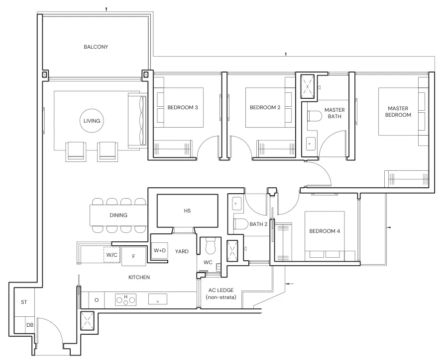 Parktown Residence floor plan, type D1: 4-Bedroom, 1,335 sq ft