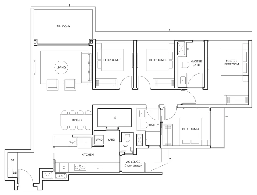Parktown Residence floor plan, type D2: 4-Bedroom, 1,335 sq ft