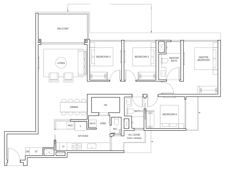 Parktown Residence floor plan, type D3: 4-Bedroom, 1,345 sq ft