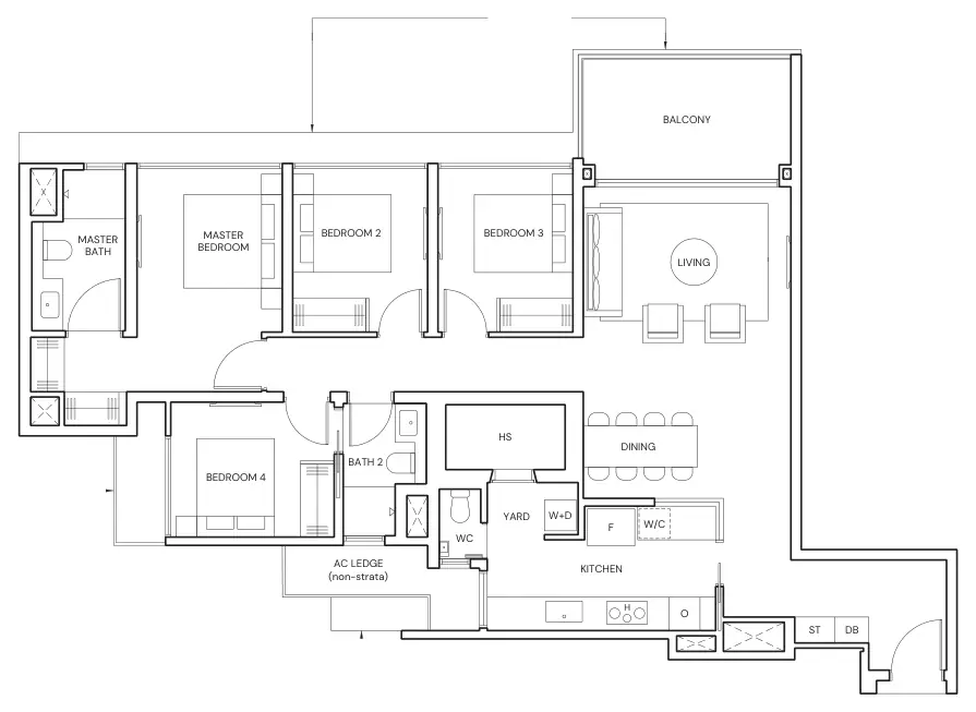 Parktown Residence floor plan, type D4: 4-Bedroom, 1,356 sq ft