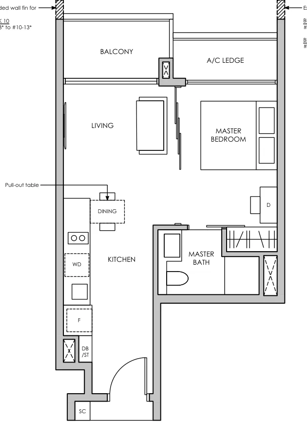 Pasir Ris 8 floor plan, type AF1: 1-Bedroom Flexi, 517 sq ft