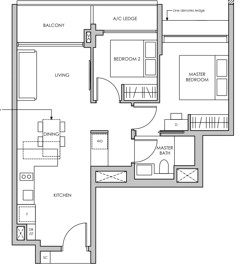 Pasir Ris 8 floor plan, type B1: 2-Bedroom, 710 sq ft