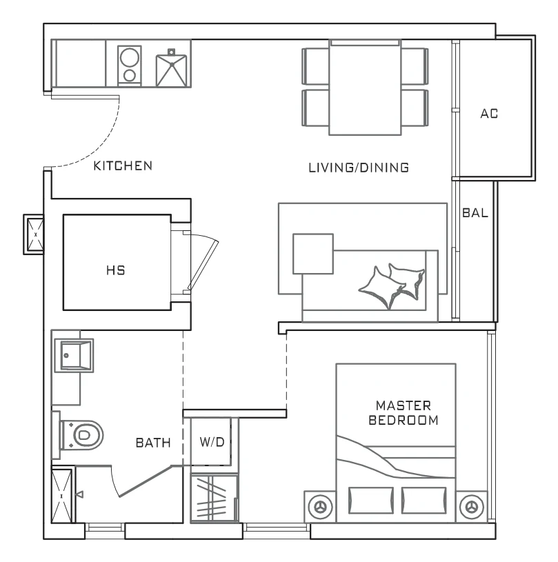 Pavilion Square floor plan, type A6: 1-Bedroom, 388 sq ft
