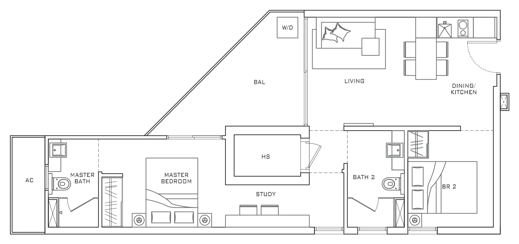 Pavilion Square floor plan, type C3: 2-Bedroom + Study, 732 sq ft